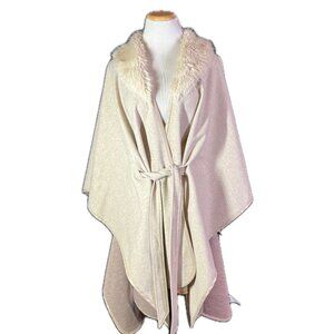 Ann Taylor Size M/L Beige Belted Poncho Jacket Faux Fur Collar